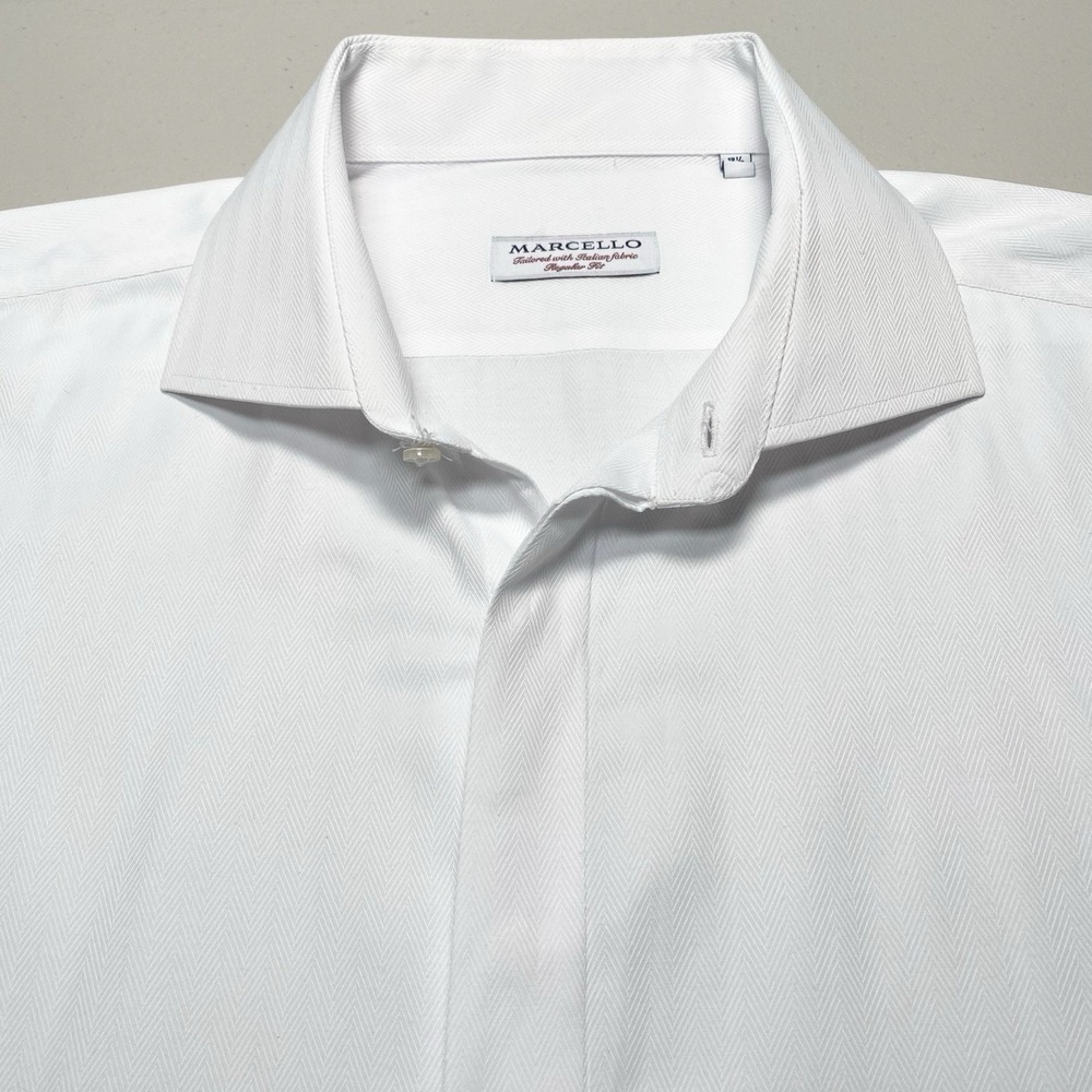 Marcello Sport Tuxedo Shirt 18.5 35 36 White Herringbone Hidden Button